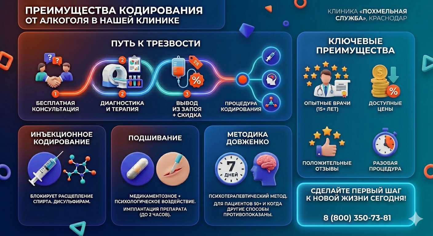 Инфографика о методах кодирования от алкоголя в Лоо: инъекции, подшивание, метод Довженко. Преимущества клиники и этапы лечения.